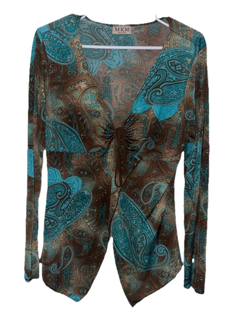 Y2K MKM Designs Babydoll Surplice Top No Tag Sz M/L Brown Blue Paisley Fairy